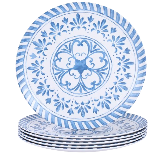 Set of blue-and-white melamine dinner plates featuring a Mediterranean-inspired floral pattern and striped border, lightweight and durable for outdoor dining and summer entertaining.