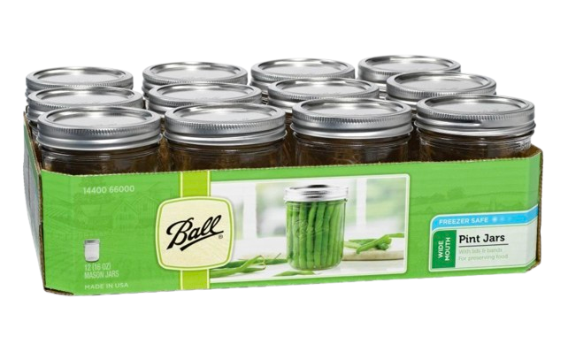 Ball wide mouth pint mason jars with silver lids and bands, ideal for food storage, meal prep, preserving fresh ingredients, or serving drinks and desserts.