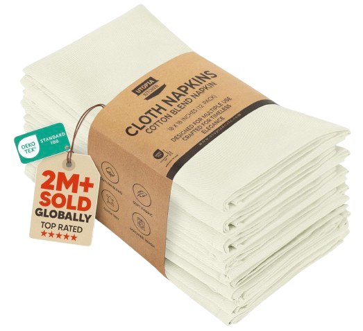 Soft ivory cotton blend cloth napkins in an 18-by-18-inch size, machine washable and designed for everyday dining, outdoor entertaining, or casual gatherings.