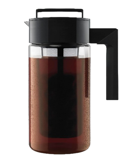 Takeya cold brew coffee maker with durable glass pitcher, airtight black lid, and fine mesh filter for making smooth homemade cold brew coffee in the refrigerator.