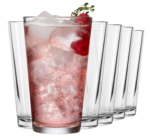 Set of tall 16-ounce clear tumbler glasses with a clean, modern silhouette, ideal for serving iced tea, cocktails, lemonade, sparkling water, or everyday beverages.