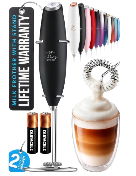 Battery-operated handheld milk frother with stainless steel whisk attachment, designed for making creamy foam for lattes, cappuccinos, matcha, and coffee drinks at home.