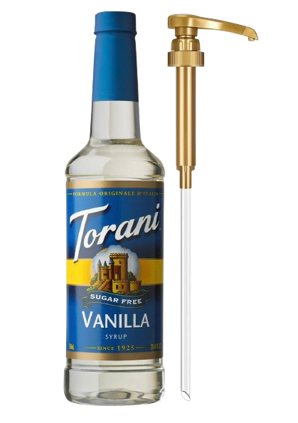 Bottle of Torani sugar-free vanilla syrup with gold dispensing pump, designed to flavor coffee, lattes, iced drinks, and homemade café beverages.