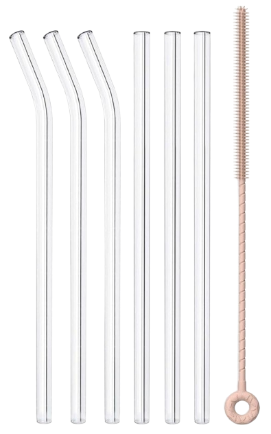 Set of reusable clear glass drinking straws with both straight and bent styles, plus a cleaning brush for iced coffee, smoothies, cocktails, and everyday drinks.
