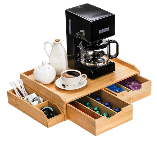 Bamboo coffee station organizer with pull-out drawers and compartments for coffee pods, stir sticks, sweeteners, tea bags, and coffee bar accessories.
