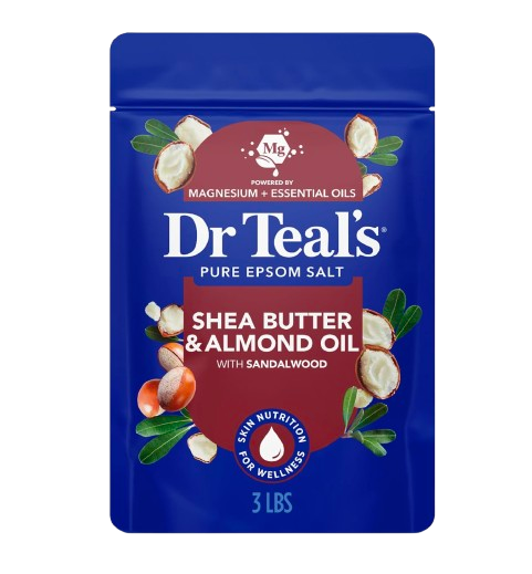 Dr Teal’s Pure Epsom Salt soak in a blue 3-pound resealable bag with shea butter, almond oil, sandalwood, and magnesium wellness blend graphics.
