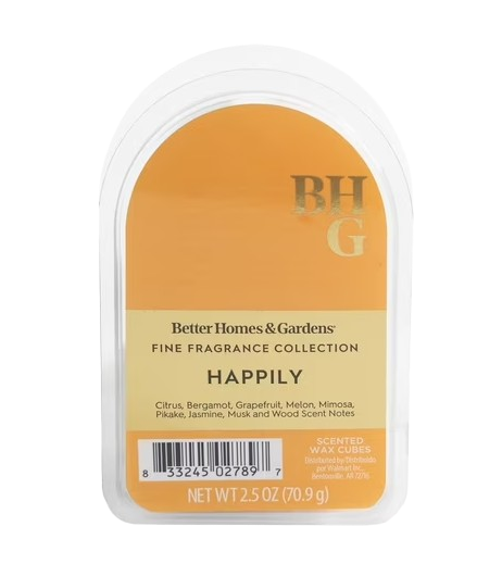 Better Homes & Gardens Sparkling Citrus scented wax melts in orange packaging with citrus, bergamot, grapefruit, melon, jasmine, and musk fragrance notes.