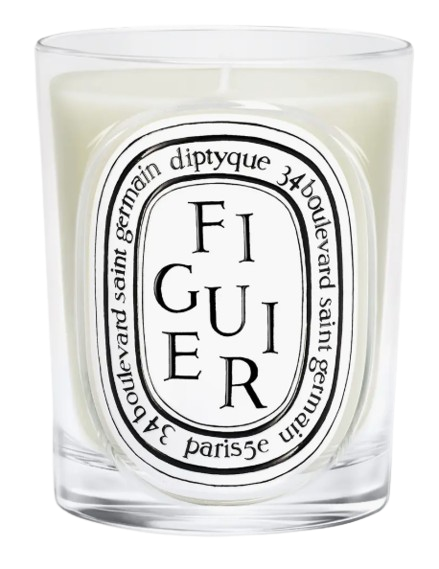 Diptyque Figuier scented candle in a clear glass vessel with the brand’s iconic black-and-white oval label inspired by fig tree fragrance.