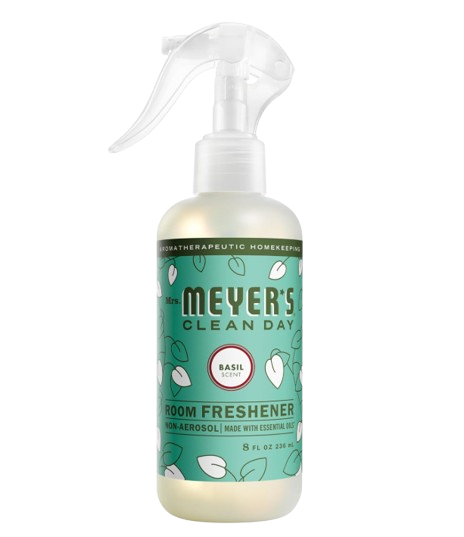 Mrs. Meyer’s Clean Day Basil room freshener spray in a turquoise non-aerosol bottle with botanical leaf illustrations and trigger sprayer.