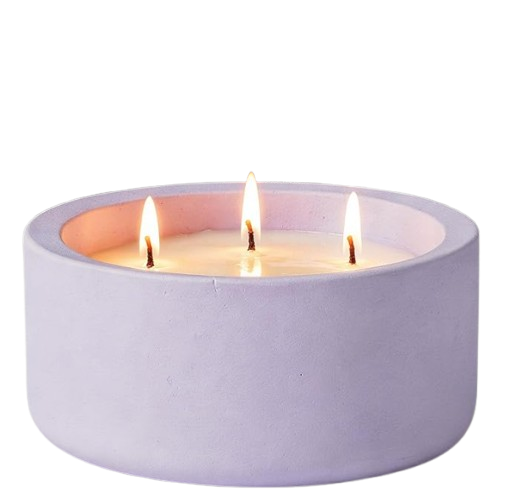 Three-wick citronella and lavender outdoor candle in a minimalist light lavender concrete bowl with lit flames for patio or garden use.