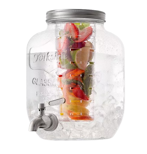 JoyJolt glass beverage dispenser with built-in fruit infuser insert, silver spigot, and sliced strawberries, citrus, and mint for infused summer drinks.