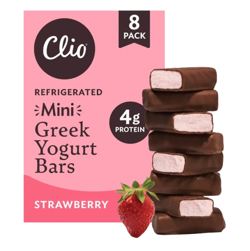 Clio Mini Greek Yogurt Bars in strawberry flavor featuring chocolate-coated refrigerated yogurt bars with 4 grams of protein per bar in an 8-pack box.