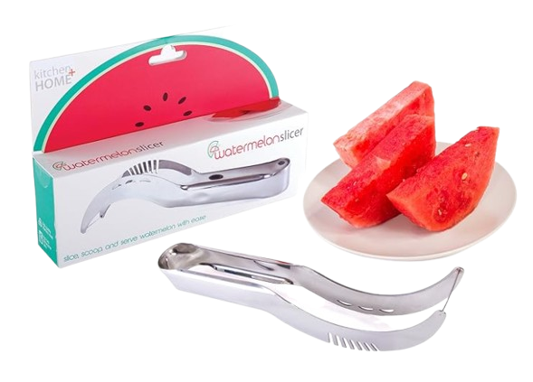 Kitchen + Home stainless steel watermelon slicer and server tool with curved tongs-style design shown beside fresh watermelon wedges.