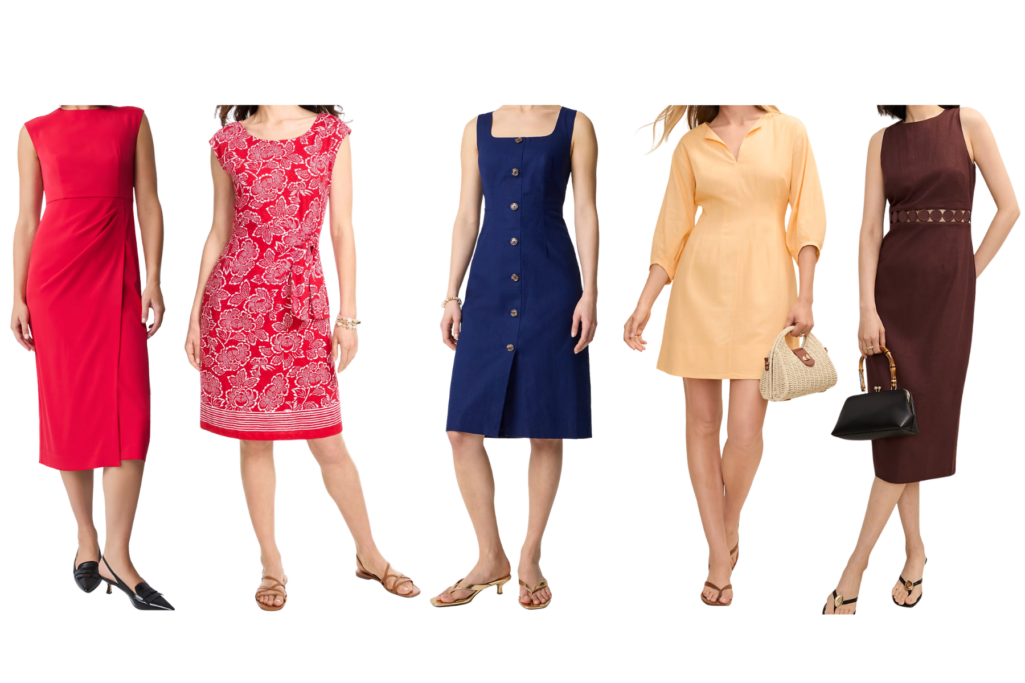 Five petite sheath dresses for summer in red, red floral print, navy button-front, pale yellow, and brown — illustrating the range of necklines, lengths, and prints available in the flattering sheath silhouette for petites