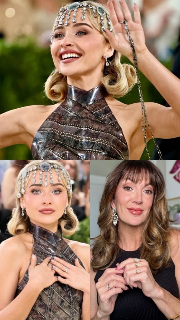 Sabrina Carpenter at the 2026 Met Gala wearing a custom Dior gown made of woven film strips with high halter neckline, diamond Chopard tiara headpiece with cascading gems, soft Old Hollywood waves, and modern Old Hollywood glam makeup with rose lips and smoky brown eyes