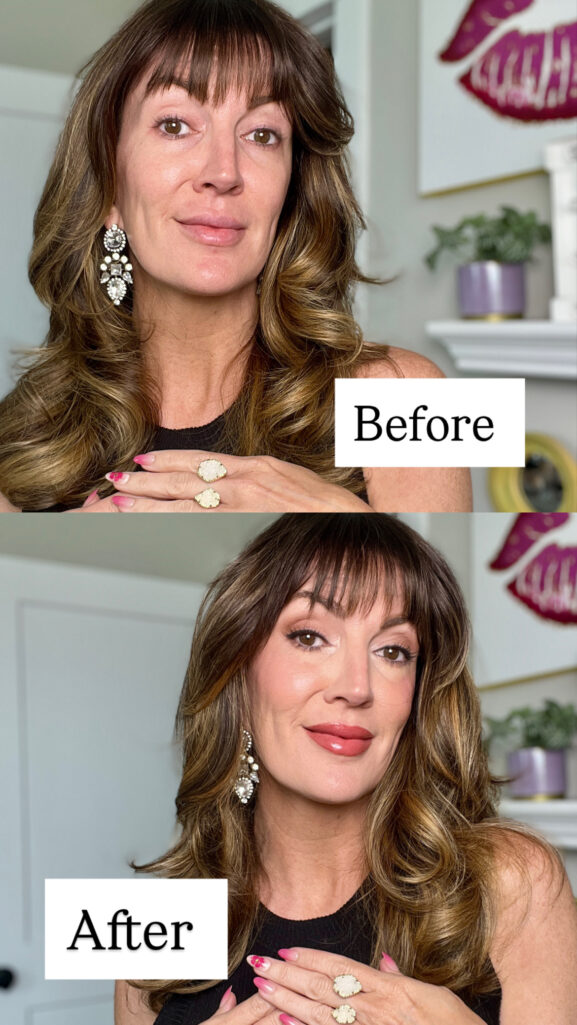Before and after side-by-side comparison showing makeup artist with bare skin on top labeled "Before" and finished Sabrina Carpenter inspired Met Gala glam on bottom labeled "After" featuring luminous foundation, smoky eyes, rosy cheeks, and nude rose lips