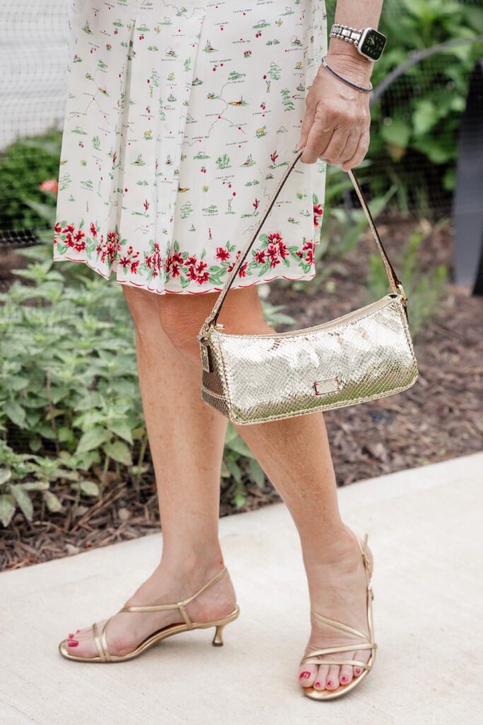 Beth from Style at a Certain Age wearing gold metallic sandals