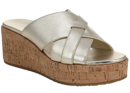Metallic gold wedge sandal featuring wide crisscross straps, an open toe, and a cork platform sole for elevated summer style.