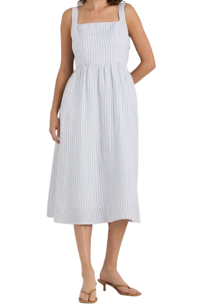 Sleeveless midi dress with soft blue-and-white vertical stripes, a square neckline, and a flowy skirt for effortless warm-weather dressing.
