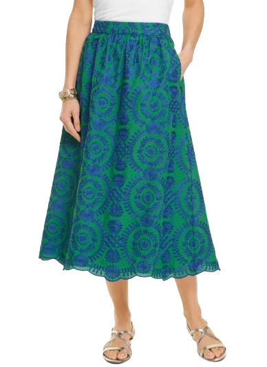 Blue and green embroidered midi skirt featuring an intricate circular pattern, a gathered waistband, and a scalloped hemline for a feminine summer style.