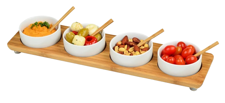 Bamboo Divided Serving Platter with 4 Bowls and 4 Bamboo Spoons