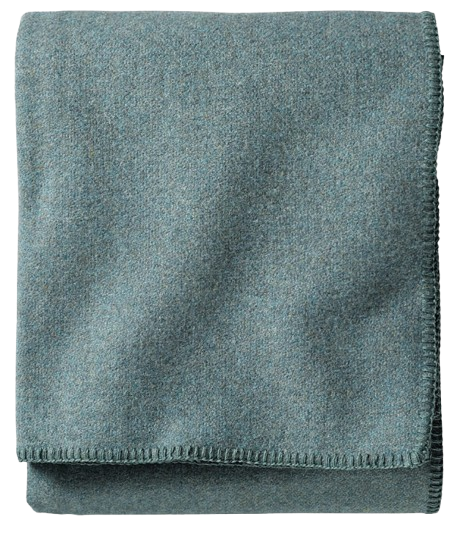 Folded Pendleton wool blanket in a heathered blue-green color with stitched edges, offering warmth and comfort for picnics, camping trips, or cool evenings outdoors.