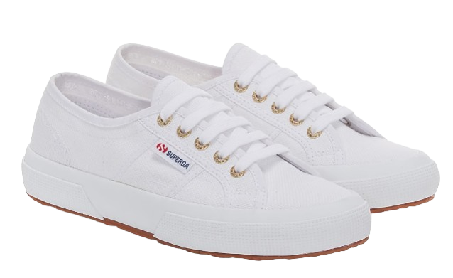 White Superga low-top canvas sneakers with gold-tone eyelets, white laces, and gum rubber soles for a polished everyday casual look.