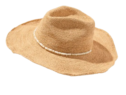 Hat Attack natural tan raffia crochet wide-brim cowboy sun hat with delicate beaded band