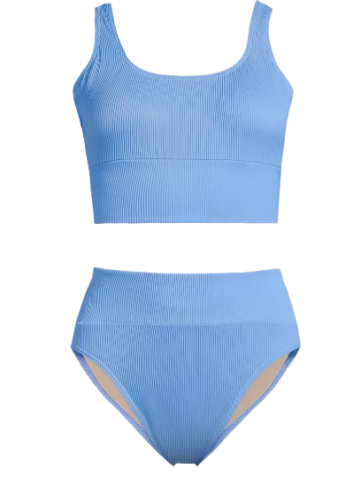 Lands' End periwinkle blue ribbed scoop-neck crop bikini top with matching high-waist bikini bottom