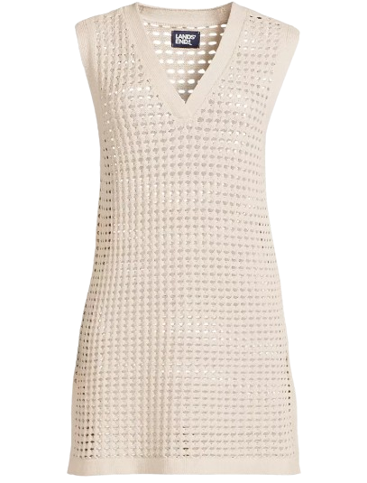 Lands' End cream open-weave crochet sleeveless V-neck mini cover-up dress
