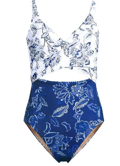 Lands' End blue and white botanical floral print wrap one-piece swimsuit with cutout waist and high-leg cut