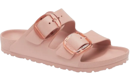 Birkenstock Arizona Big Buckle blush pink waterproof EVA slide sandal with rose gold buckles