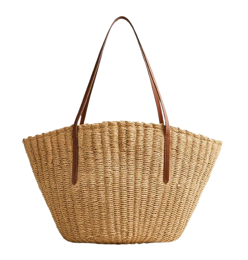 Natural woven straw tote bag with a structured silhouette, wide shoulder straps, and a spacious open design for carrying everyday essentials.
