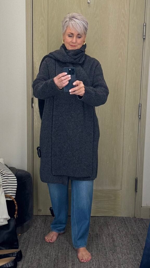 Vince Drape Sweater Coat: Woman over 50 wrapped in a long Vince drape sweater coat