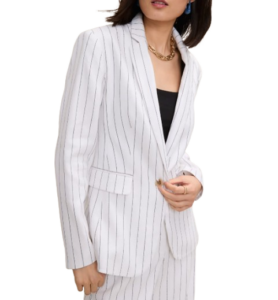 Pinstripe Long One Button Blazer in Linen Blend