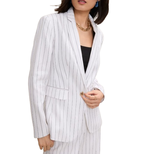 Pinstripe Long One Button Blazer in Linen Blend