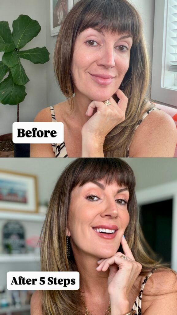 Before and after comparison of a 10-minute makeup routine for mature skin.