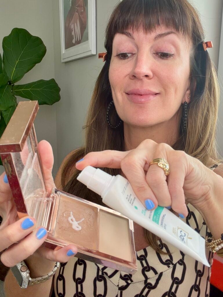 Mixing moisturizer with cream foundation for a quick, dewy base.