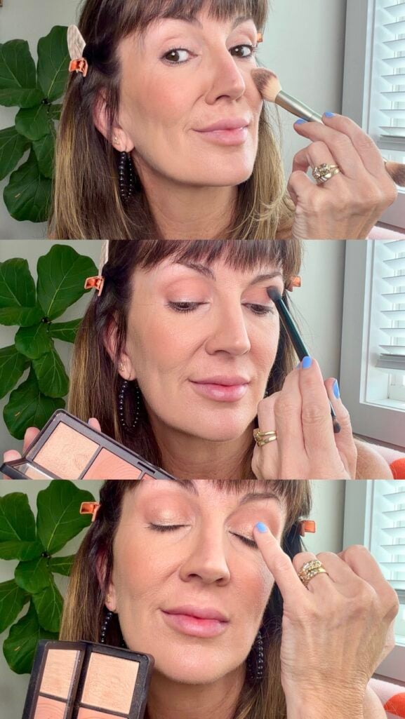 Multitasking blush, bronzer, and highlighter palette for a quick face routine.